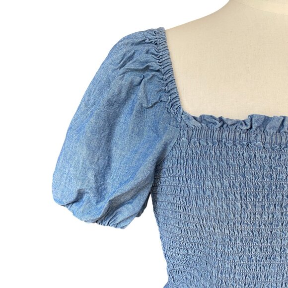 J Crew Chambray Puff Sleeve Smocked Shirt Sz M Square Neck Peplum Preppy Coast - Picture 3 of 12
